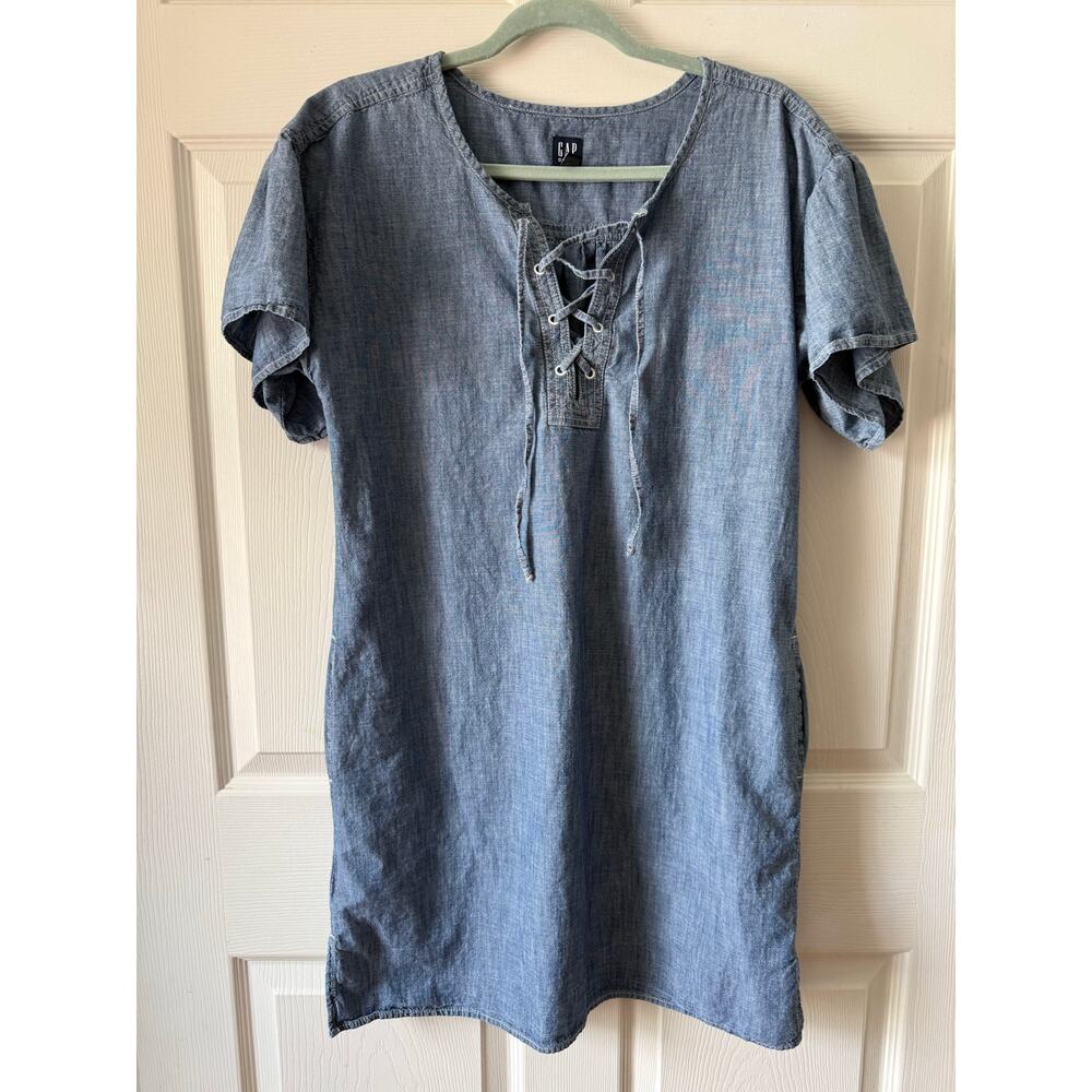 Gap Denim Chambray Denim Lace-Up Shift Dress Size S Capsule 100% Cotton Pockets